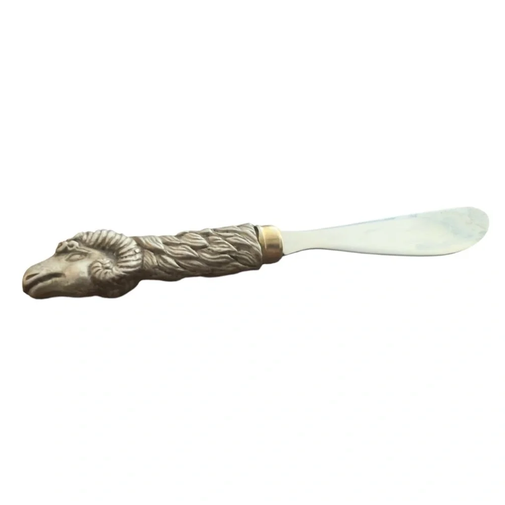 Vintage Ram Handle Pewter and Silver Plated Butter Knife‎ or Cheese Spreader